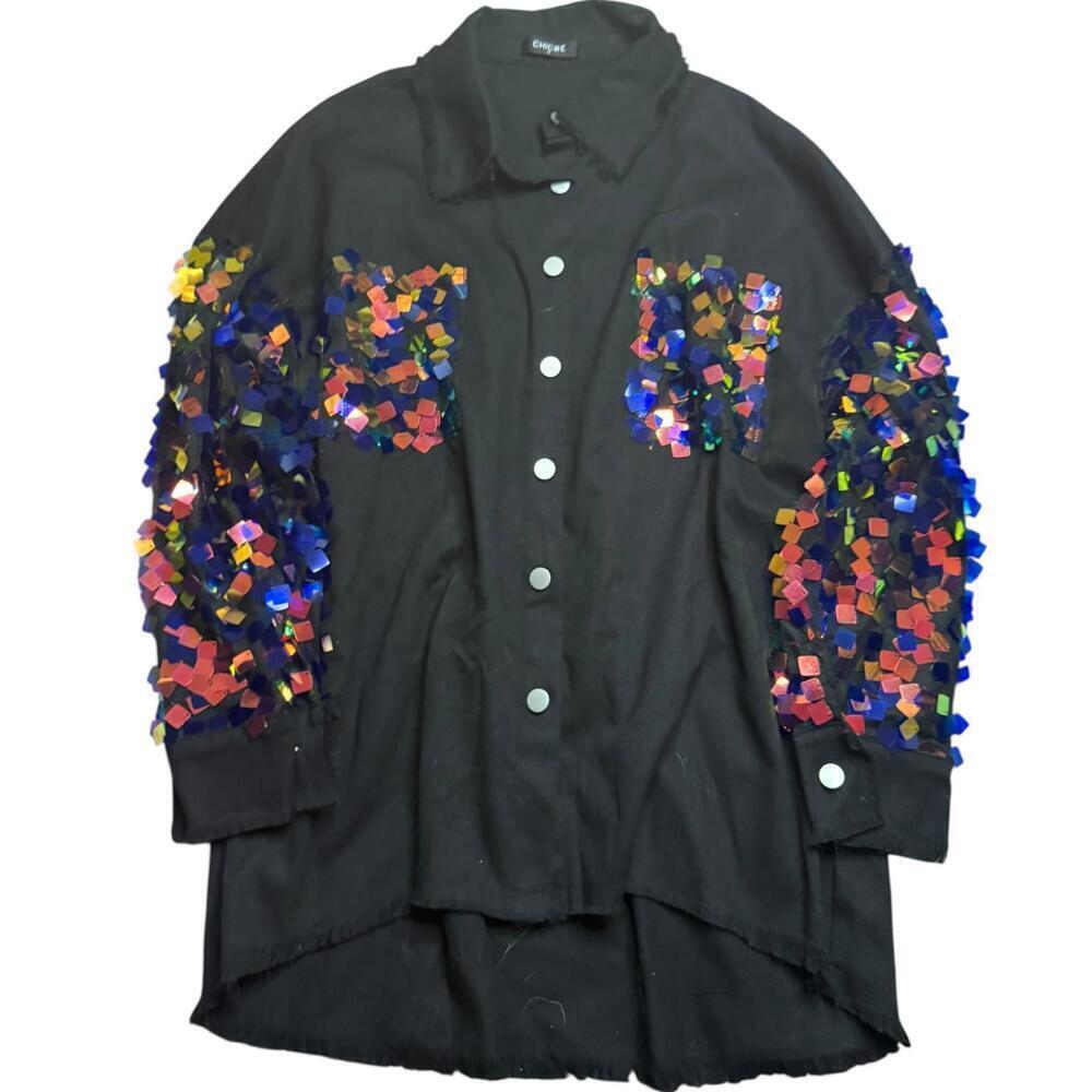 CHICME Black Button-Up Sequin Statement Shirt – Size 23” x 30”